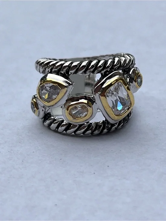 Cable Band Silver and Gold Two-Tone CZ Statement Ring size 6