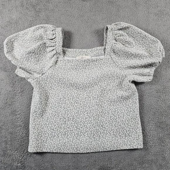LOFT Grey White Textured‎ Knit Puff Sleeve Square Neck Top Womens Medium