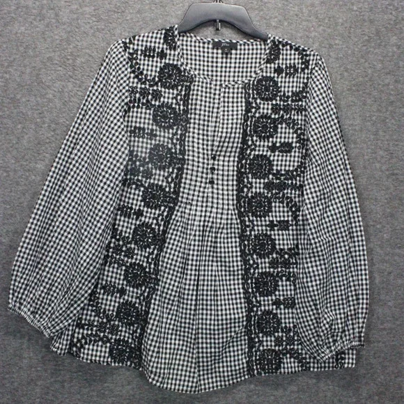 J. Crew Gingham Floral Embroidered Blouse Size M Black/White Puff Sleeve