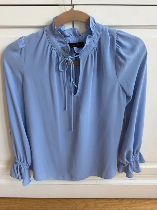 J. Crew Powder Blue Ruffle Tie-Neck Blouse
