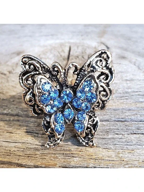 Vintage Y2K 90s Blue Crystal Butterfly Silver Adjustable Cocktail Ring
