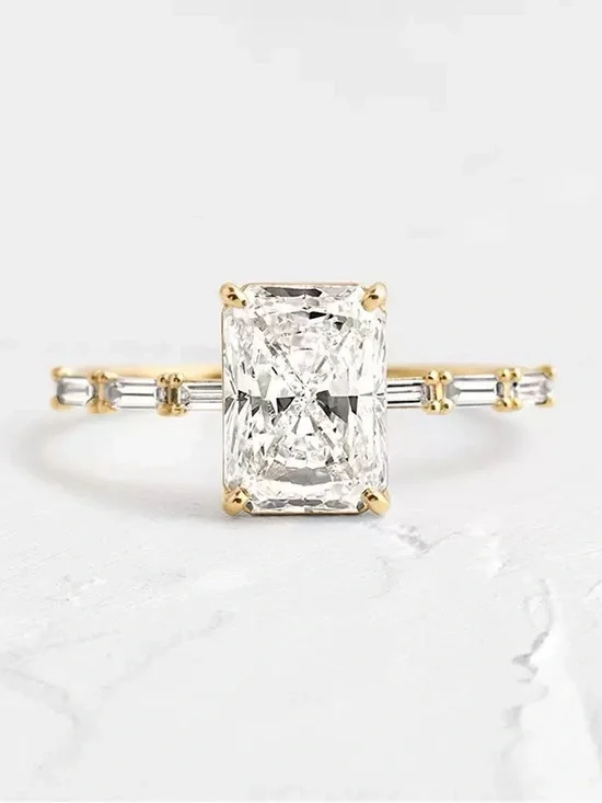 Radiant Cut CZ Engagement Ring 925 Silver 18K Gold Filled Baguette Sides Size 6