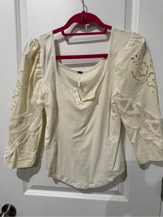 Free People Ivory Crochet & Embroidered Scoop Neck Top