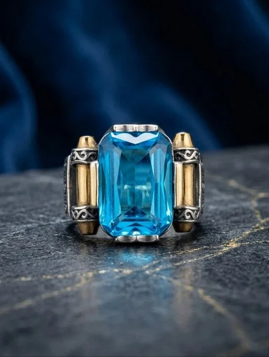 Mixed Metal Blue Gemstone Sterling Silver Ring Unisex 16 Grams Size 9