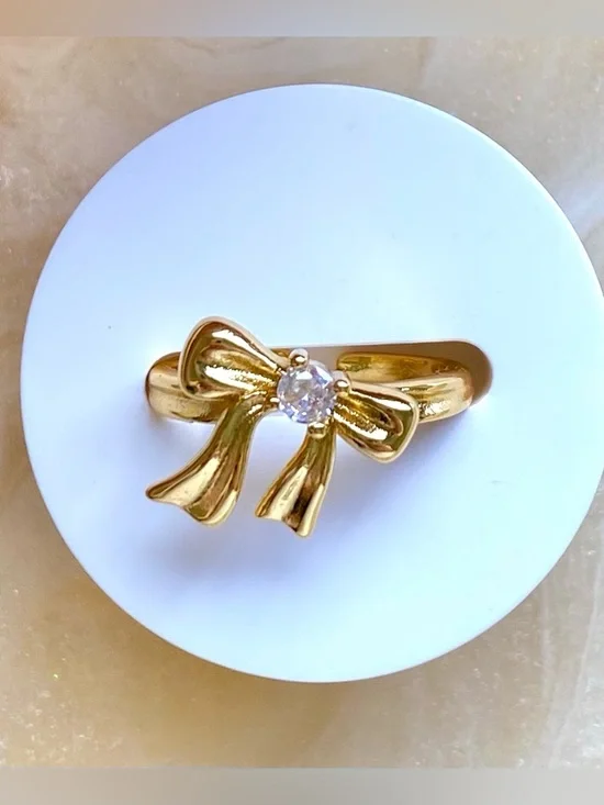 Gold Bow Ring with Clear Stone Accent
