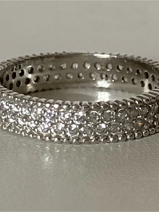 925 Sterling Silver Pave CZ Eternity Band Ring Size 7.5 2 Rows 4 mm EUC worn 1X