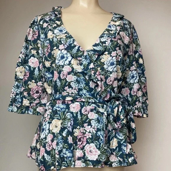 LOFT Linen Blend Floral Wrap Blouse Small Cottagecore Romantic Ruffle Tie Top