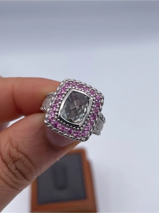 Judith Ripka 925 Sterling Silver Prasiolite Green Amethyst Pink Sapphire Ring s6