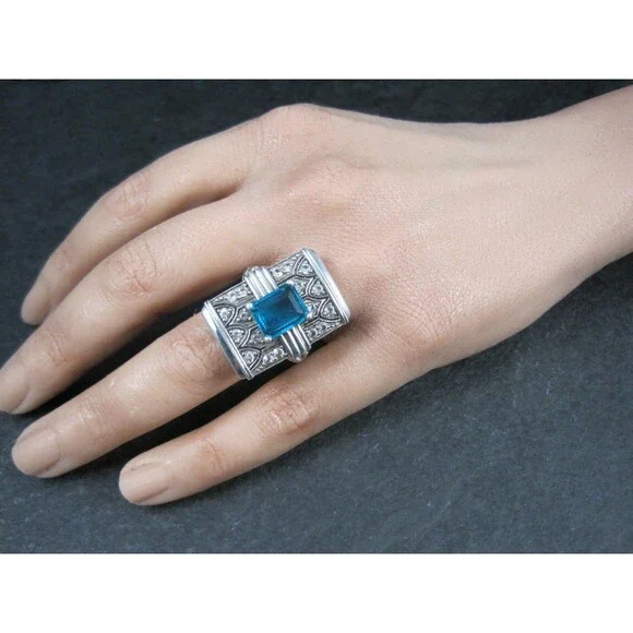 Art Deco Style Sterling Silver Blue & White Topaz Ring Size 6