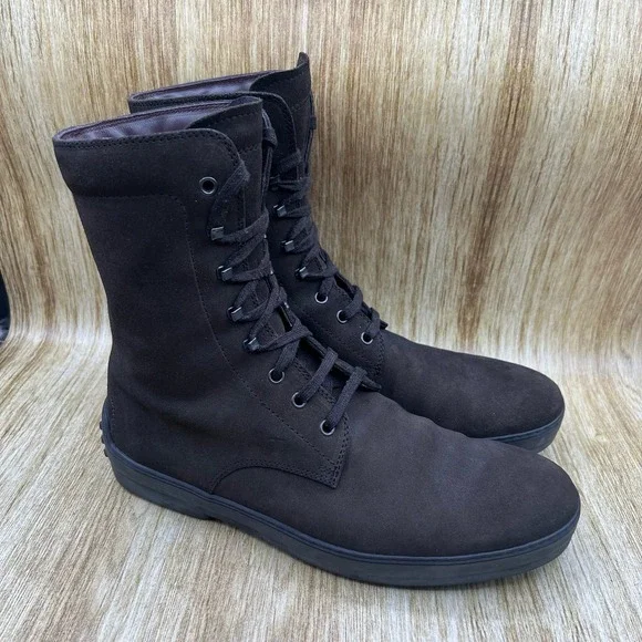 Tod's Combat Field Boots Men's Size 9 Dark Brown Suede Leather Lined‎ Italy