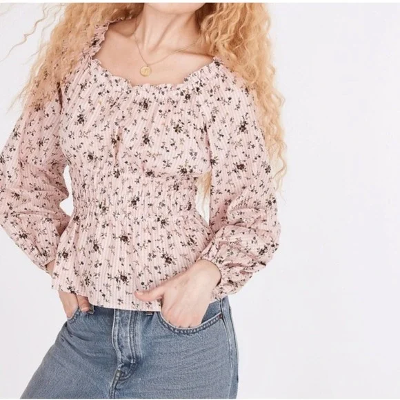 Madewell Sophia Top Bouquet Floral XS Pink Smocked Puff Sleeve Cottage Ruffle‎