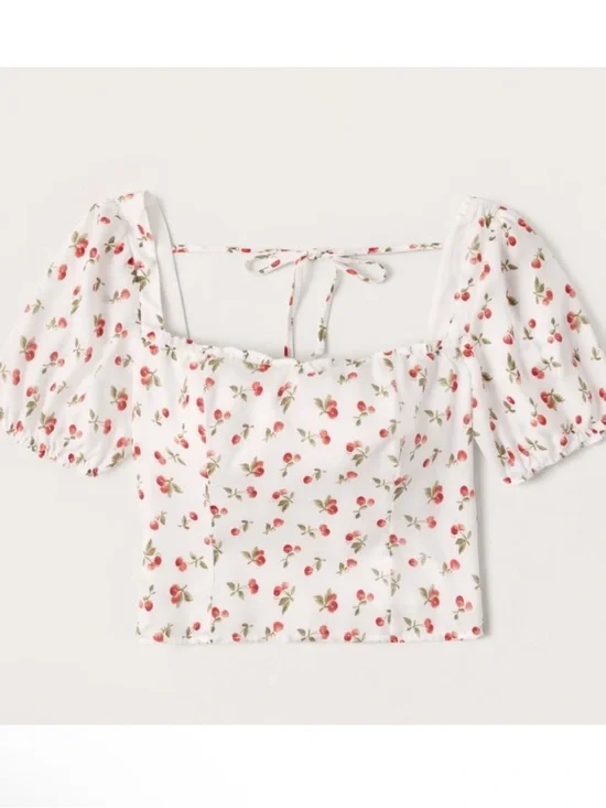 Abercrombie Cherries Tomato Girl Puff Sleeve Top Cottagecore XS