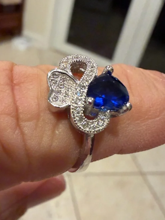 Silver Butterfly Ring with Deep Blue Sapphire Heart Gem
