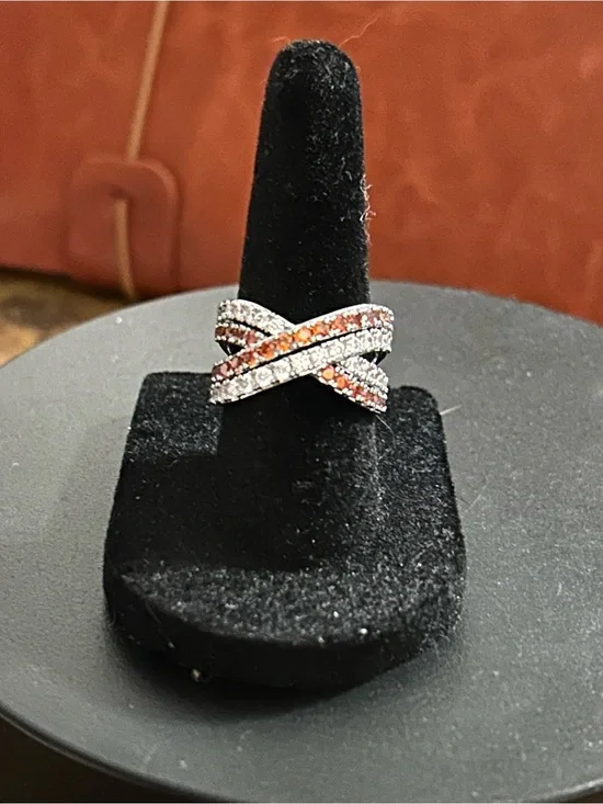 Bomb Party Elegant Crisscross Ring with Garnet and Clear Stones, Hematite