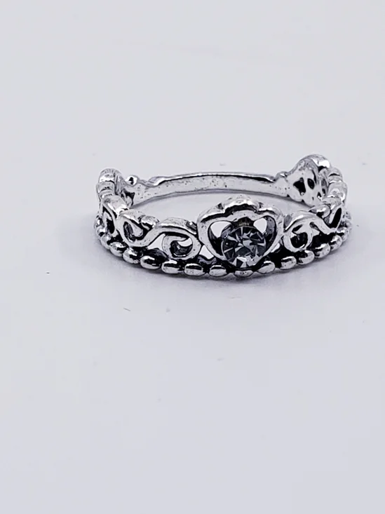 Silver Filigree Crown Ring with Clear Stone Sz 6.25