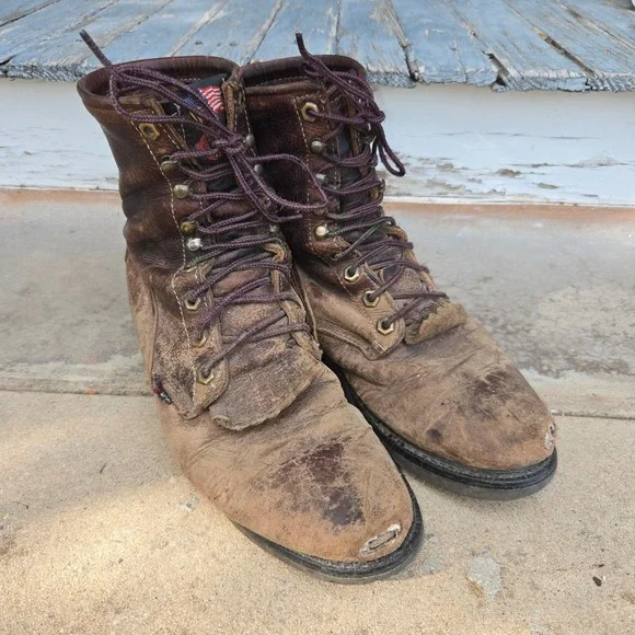 VTG Justin Original Workboots Kiltie Brown Leather Lace Men 9.5 USA Needs Resole
