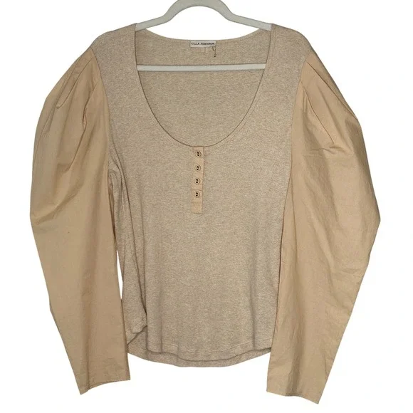 ULLA JOHNSON Joanne Beige Poplin Sleeve Rib Knit Top in Oatmeal Size XL‎