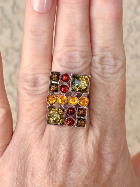 Geometric Silver Multi-Stone Amber and Cognac Ring