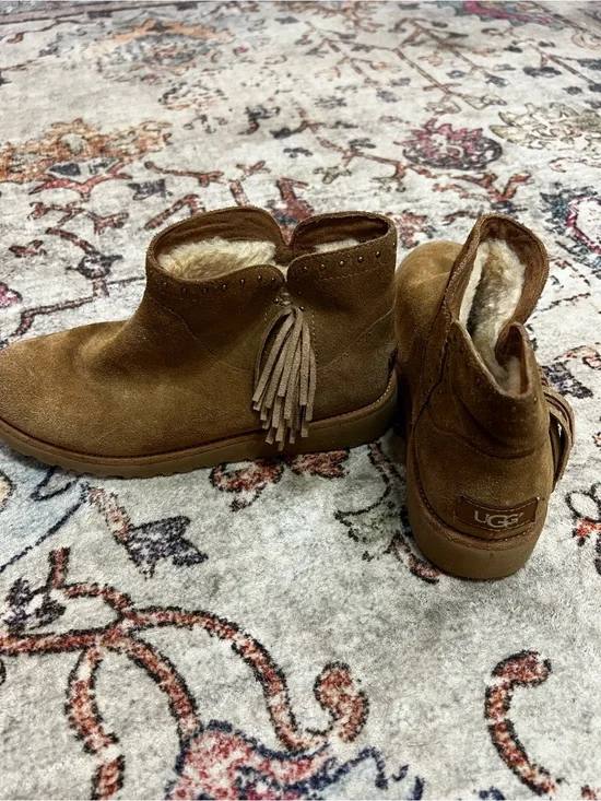 UGG Chestnut Suede Fringe Shearling Ankle Boots