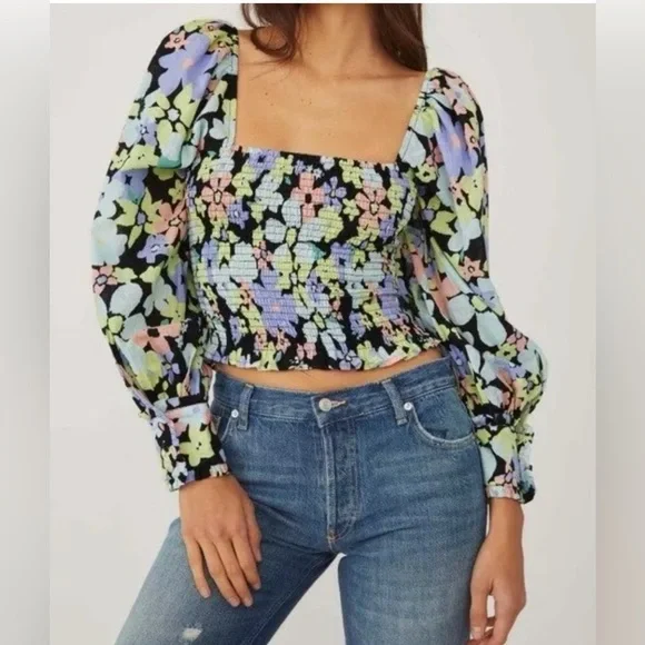 Free People Floral Ariana Smocked Puff Sleeve Top - XS