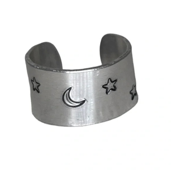 Handmade 9 stamped moon & stars silver adjustable hypoallergenic wide cuff‎ ring