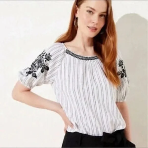 LOFT linen/cotton black white striped embroidered puff sleeve blouse Size S