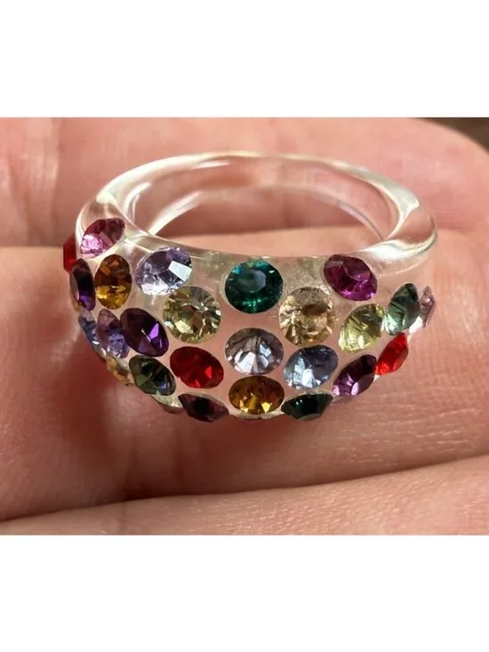 Clear Lucite Acrylic Chunky Dome Ring Multicolor Rhinestone Crystal Statement