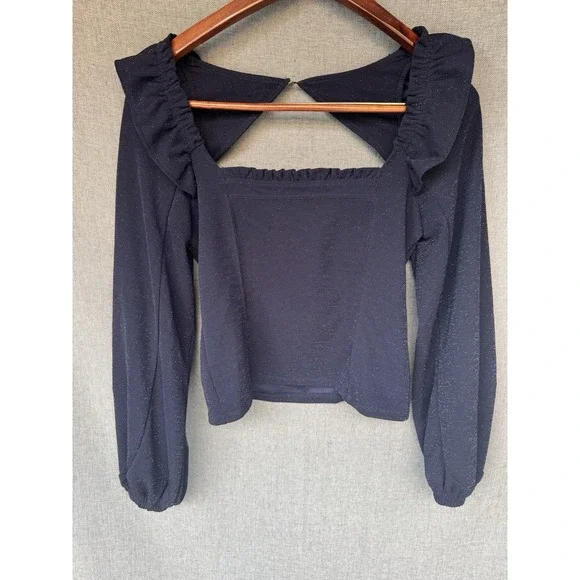 Free People Constellation Top Small Shiny Blue Square Neck Puff Sleeve Open Back