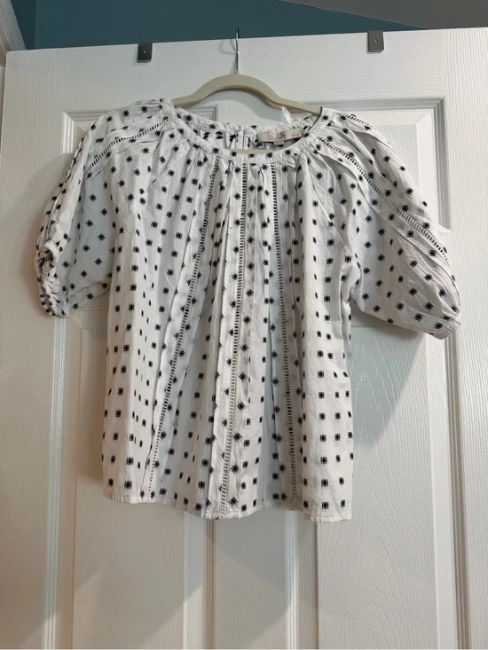 LOFT White Peasant Blouse with Black Square Print