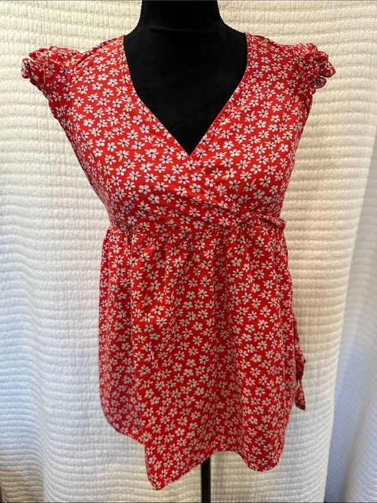 Old Navy Red Floral Wrap-Style Blouse