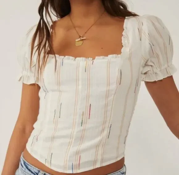 Free People White Puff Sleeve Square Neck Smocked Back Blouse XL Cottagecore Tie