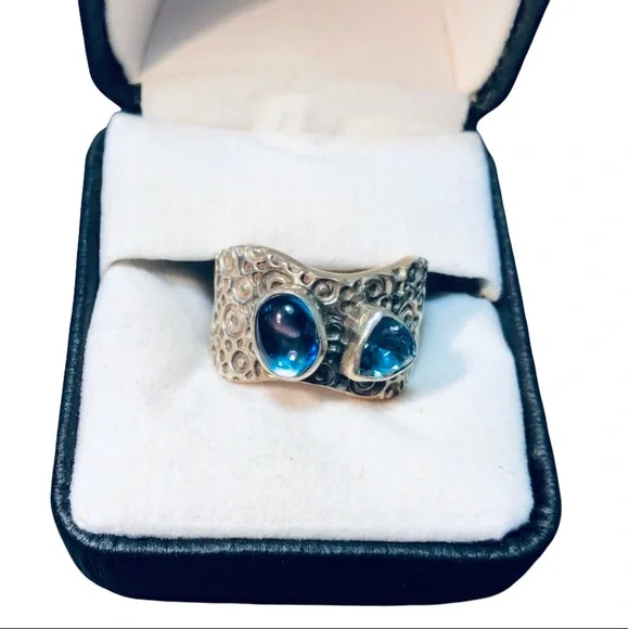Double Stone Blue Topaz Wide Hammered Band Sterling Silver Ring sz 7 Cocktail