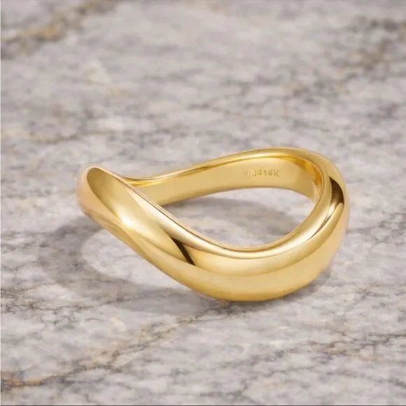 14K Gold Wave Band Ring 5MM Dainty Minimalist Statement Band Stackable Preppy