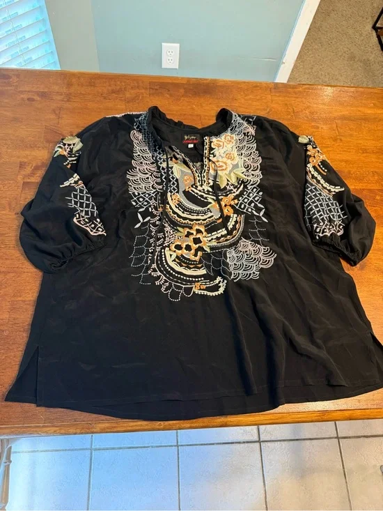 Johnny Was 2X Bassett Embroidered Silk Blouse Black Boho Peasant Top