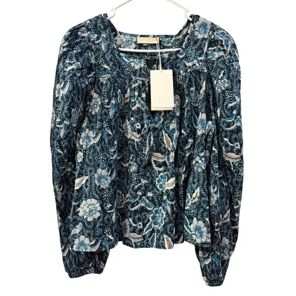 Ulla Johnson Issa Blouse Midnight Blue Floral Puff Sleeve Size 2 NWT Cottagecore