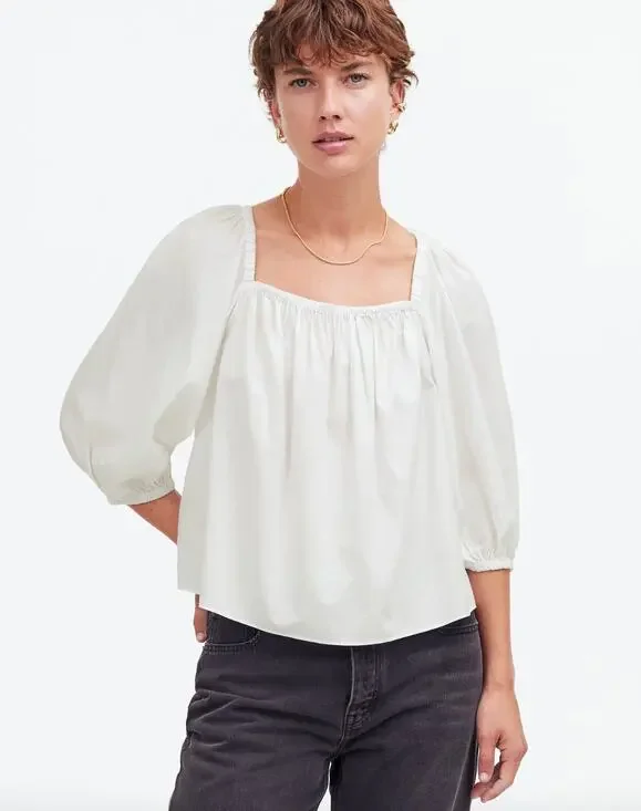 NEW Madewell Puff Sleeve Babydoll Top Blouse Cotton Cottagecore White US 00