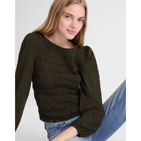 Madewell Smocked Boatneck Long Sleeve Top Olive Green‎ NY504 Women XXS New