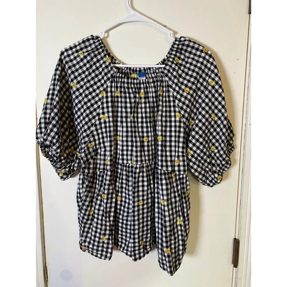 Old Navy Womens Gingham Daisy Embroidered Babydoll Blouse Black White Large