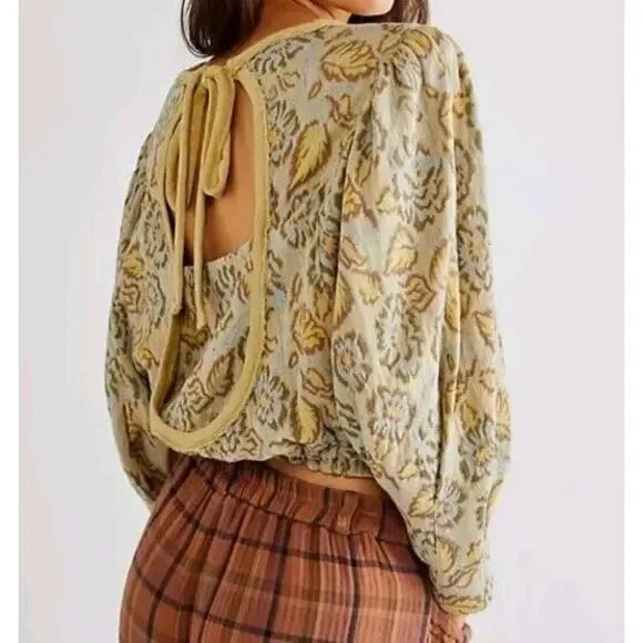 Free People Womens No Ordinary Top Size Small‎ Floral Open Back Puff Sleeve