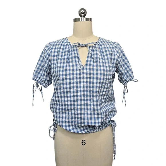 Madewell Blue White Gingham Tie‎ Keyhole Short Sleeve Peasant Blouse XS