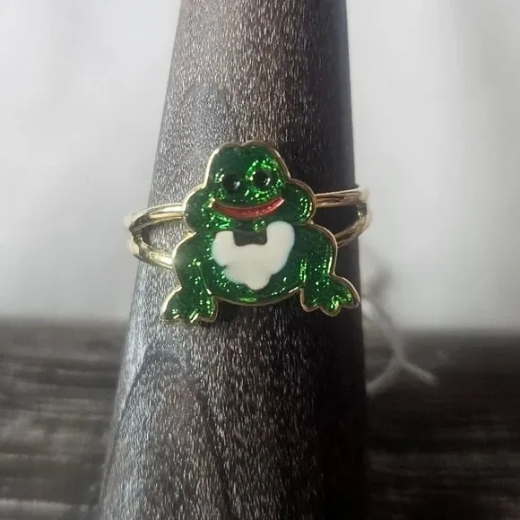 Vintage Deadstock Enamel Frog Ring 80s Adjustable New Old Stock