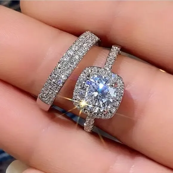 Ladies Elegant Princess Cut Lab Created Diamonds Wedding Ring Set