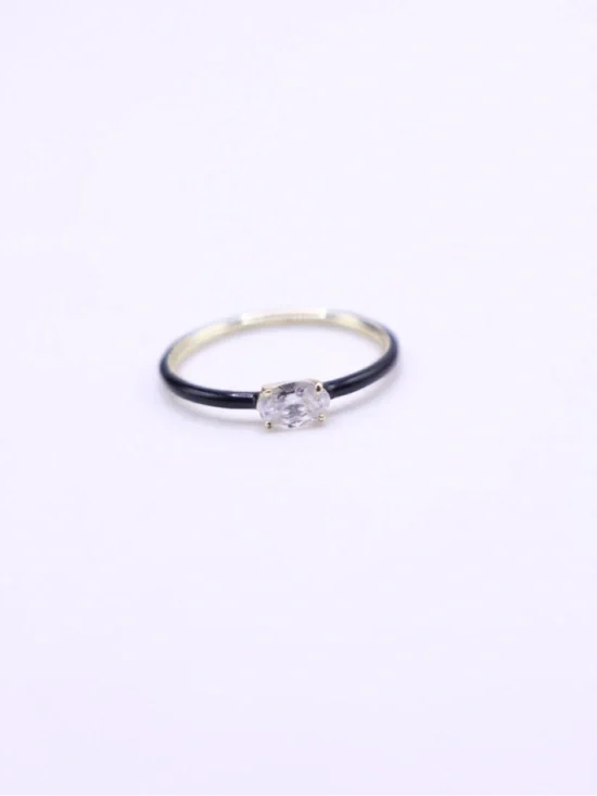 MM Black enamel two tone gold plated Band Ring with Clear Oval Crystal