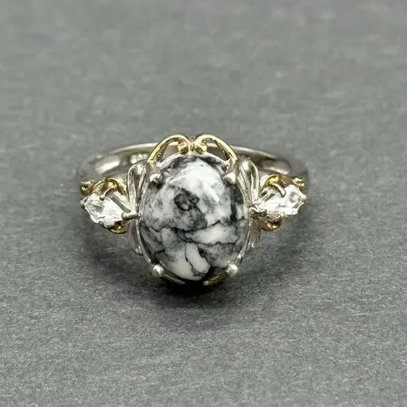 STS Signed 925 Sterling Silver Pinolith Jasper White Buffalo 3-Stone Size 9