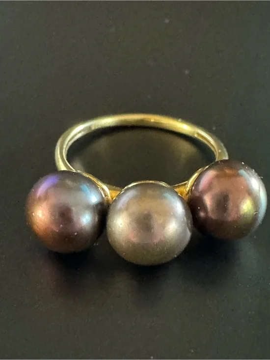 D’Joy 925 Gold Vermeil 3 Peacock Pearl Statement Ring - Size 6