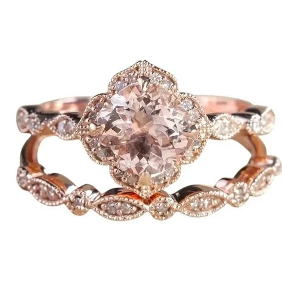 2 ct Round Cut Morganite & moissanite diamond Bridal Engagement Wedding Ring Set