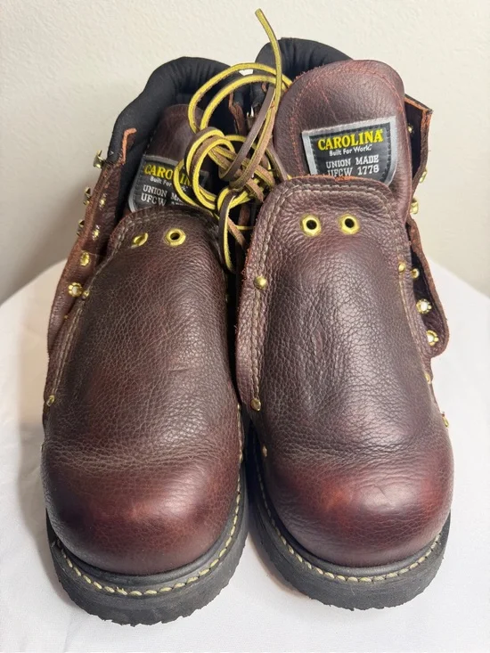 Vibram Brown Leather Work Boots with Yellow Laces