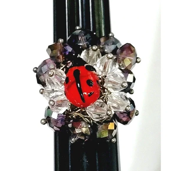 Chunky Ladybug Ring‎ Glass Adjustable Purple Red Statement Jewelry r-9