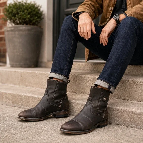 Bed|Stü Men's Brown Leather Engineer Moto Ankle Boots Side Zip Distressed 9.5