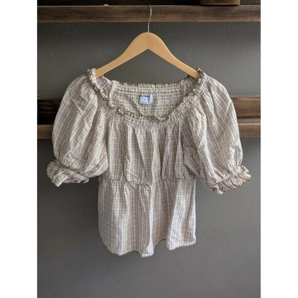 Old Navy Cottagecore Plaid Smocked Peasant Top With Puff Sleeves Small